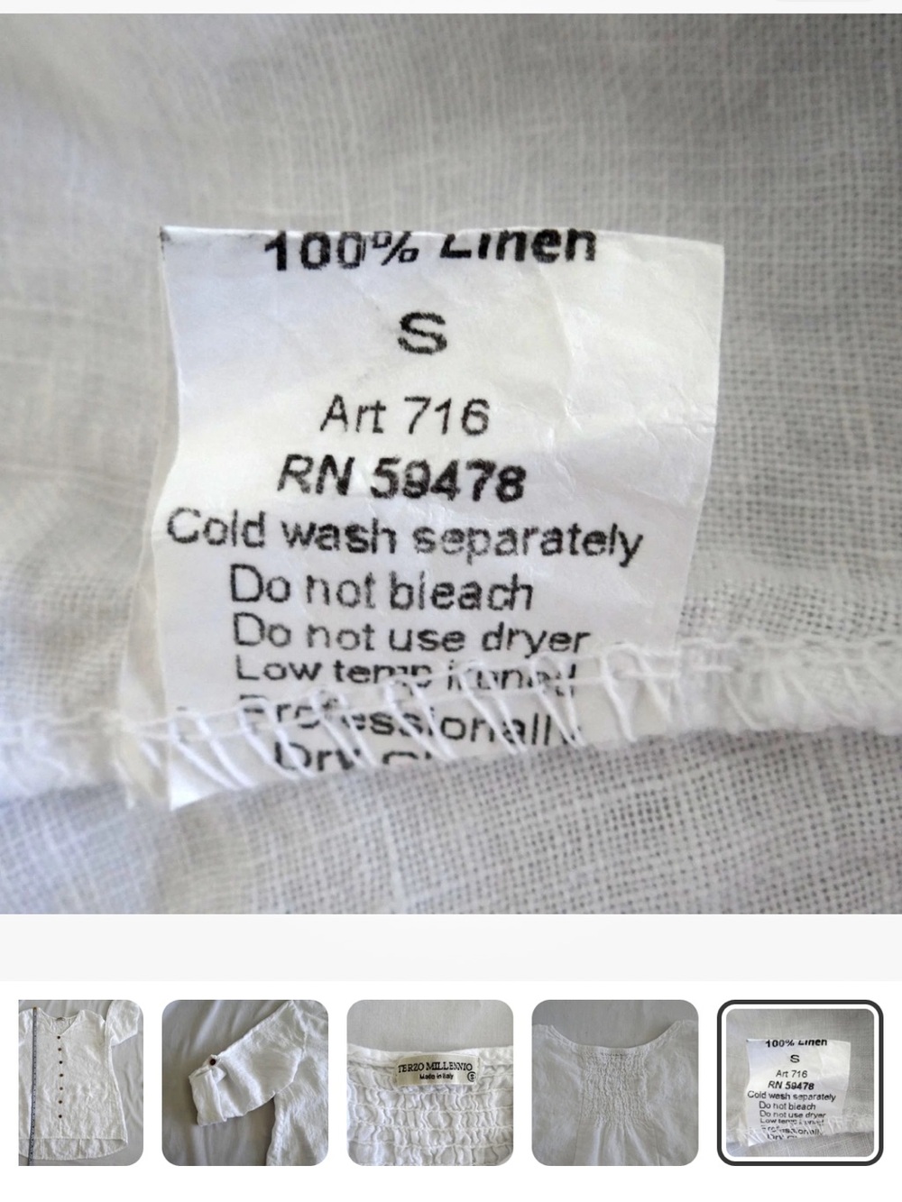 White Linen Button-Front Italy V-Neck Blouse small lagenlook - Picture 9 of 9